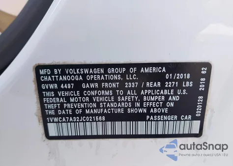 2018 Volkswagen Passat 2.0T Sel Premium from USA, damaged, VIN 1VWCA7A32JC021568